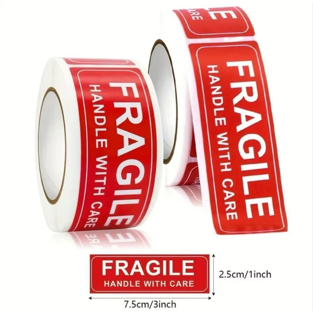 New 750 Pcs. FRAGILE HANDLE WITH CARE Red Stickers 5 Rolls with 150 each 3”x1”